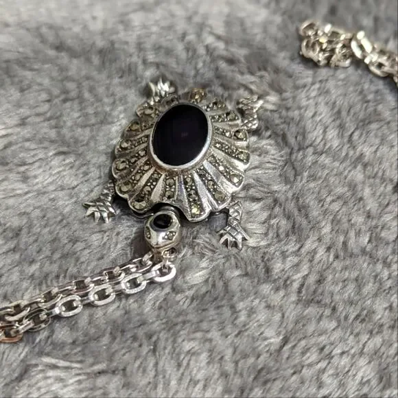 Vintage Sterling Silver, Onyx and Marcasite Turtle Pendant/Necklace - Picture 16 of 16